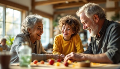 Three generations of a family sharing a happy moment indoors. Sunlight streams in, illuminating their laughter and smiles around a table with food.