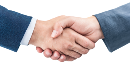 Business partners shake hands confirming agreement on neutral background, cut out transparent