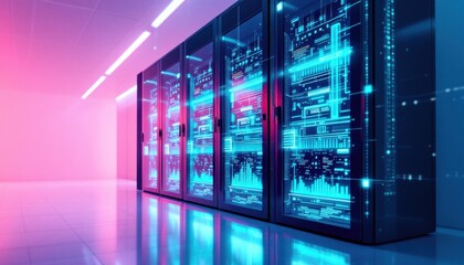 Rows of glowing server racks in a modern data center illuminated by neon blue lights and soft pink ambient lighting creating a futuristic atmosphere.