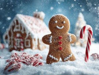 Gingerbread Man Candy Cane Snow Covered House Peppermints Winter Landscape Bokeh Background