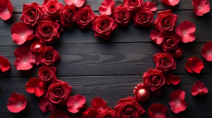 Heart shaped arrangement of red roses and petals on dark wood