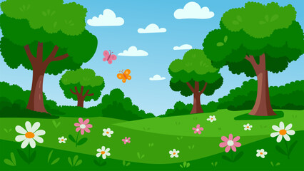 Obraz premium Forest and meadow landscape with trees, flowers and grass. Cartoon vector illustration.