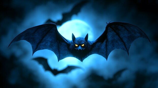 Dark bats flying under a full moon at night with glowing eyes creating a spooky atmosphere