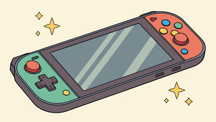 A cartoon illustration of a handheld gaming console with a screen and controllers on each side with sparkles