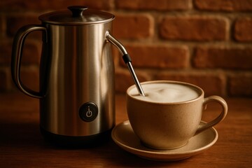 A stainless steel milk frother sits next to a tan ceramic cup filled with foamy coffee. The setting is a warm, rustic wooden table with a brick wall in the background, illuminated by soft lighting.