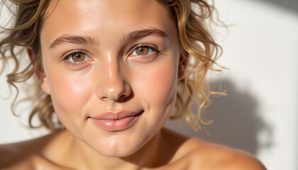 Naklejka premium Young woman with curly hair smiling in soft natural light 