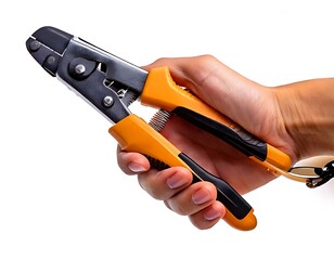 Obraz premium Hand holding a wire crimper tool for electrical work, isolated on white.