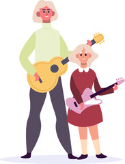 Parent and child learning guitar playing musical instrument