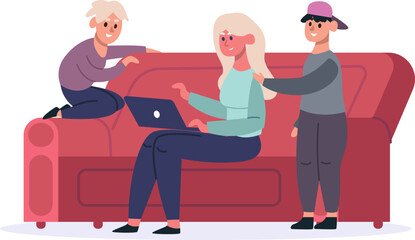 Family bonding, mother using laptop with sons