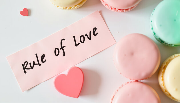 Colorful macaroons with note saying 'Rule of Love' on table  