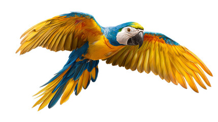 Fototapeta premium Blue and yellow macaw bird in flight with wings spread, cut out transparent