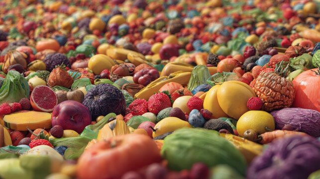 rows of discarded fruits and vegetables highlighting the pressing issue of global food waste and agricultural surplus