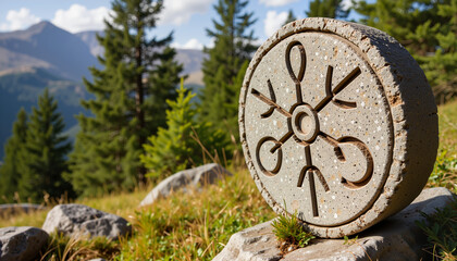 Fototapeta premium Stone marker with symbol resting on grass in mountainous landscape 