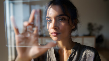 Beautiful Girl Interacting with Holographic Screen – Futuristic Artificial Intelligence Concept