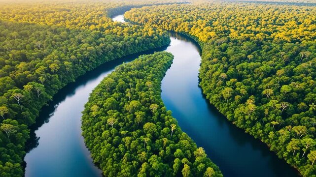 Aerial view of the amazon river flowing through forest