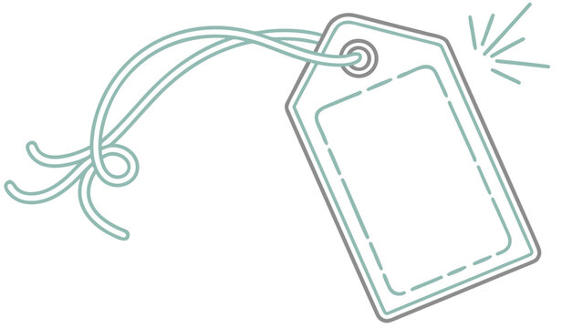 A simple line drawing of a blank tag with a string attached and a small burst of light emanating from it