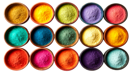Collection of colorful powders in rustic bowls arranged in rows, cut out transparent