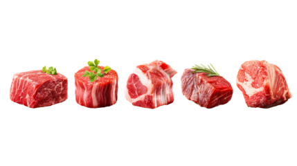Five cuts of raw red meat with herbs on white background, cut out transparent