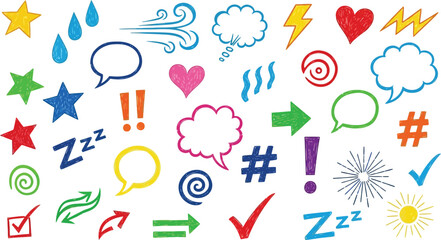 Colorful HandDrawn Cartoon Symbols, Arrows, Shapes on White Background,