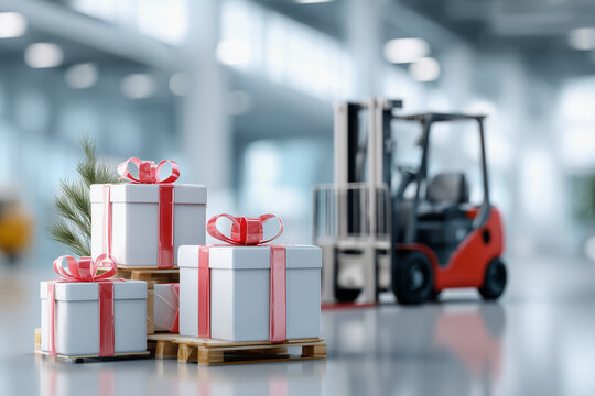 Colorful gift boxes with ribbons are placed on pallets while a forklift prepares for shipping in a busy distribution center during the holiday season