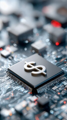 A detailed view of a circuit board with a prominent dollar symbol, symbolizing the integration of finance and technology in modern investment and innovation