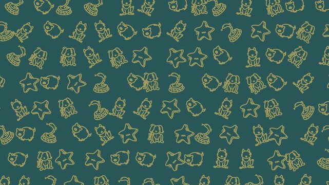 Teal and yellow cartoon sketches on a teal background for vibrant designs suitable for childrens products or creative projects.