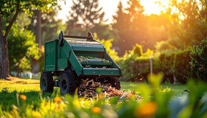 Green leaf vacuum in a sunny garden collecting leaves.