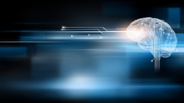 A futuristic view of a brain connected with digital circuits. This art emphasizes the blend of neuroscience and technology, highlighting human cognition and identity transformation