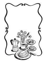 Hand drawn breakfast doodle frame with coffee, croissant, butter, flowers, and moka pot. Black and white line art illustration perfect for cafe menu or invitation design.