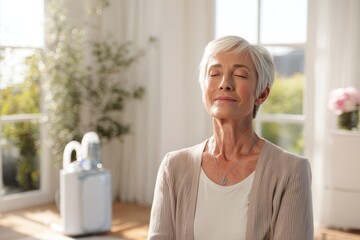Patient with serene expression and portable oxygen concentrator nearby in well lit home environment. Independent living respiratory care treatment and comfortable domestic healthcare concept.