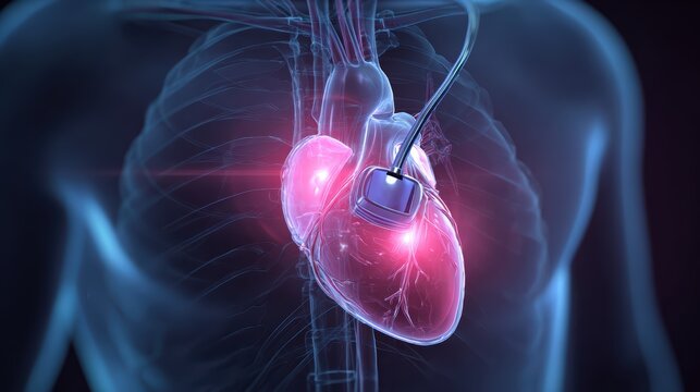 Implantable cardioverter defibrillator ICD within chest highlighting connection to heart perfect for cardiac rhythm management cardiovascular treatment and lifesaving device concept.