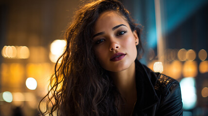 Stylish Young Woman with Curly Hair and Red Lipstick Gazing Confidently Under City Lights at Night made with generative AI
