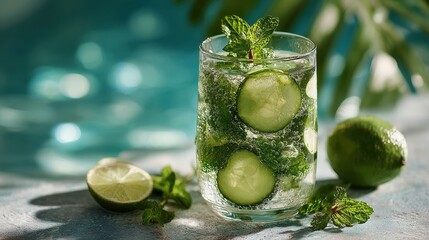 Refreshing cucumber mint water served in tall glasses with limes and plants in bright daylight