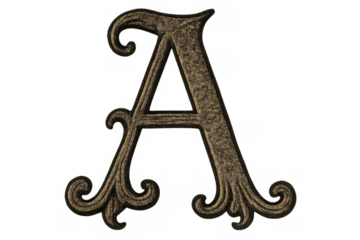 Ornate letter a with vintage textured effect displaying decorative typography, detailed initial on transparent background
