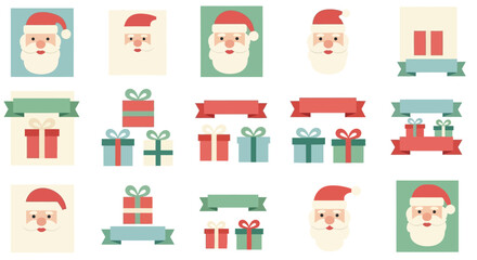 Fototapeta premium Christmas themed illustrations featuring Santa Claus and gift boxes with ribbons.