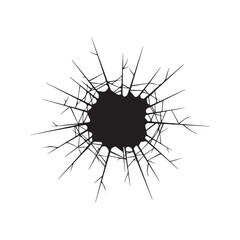 Abstract cracked hole silhouette. Vector graphic of a shattered surface, showing destruction, damage, or impact effect on a wall, glass, or ground. Isolated on white.
