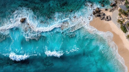 Aerial view shows small boat in turquoise water off a tropical beach in Seychelles