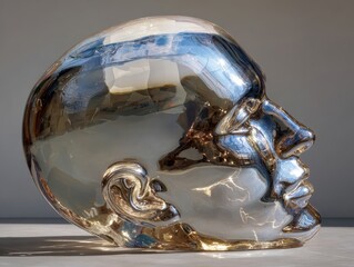 Highly Reflective Silver Chrome Human Head Sculpture with Subtle Golden Accents, Showcasing Smooth Contours and Polished Finish Against a Bright Background