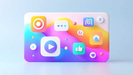 Modern 3D App Icons and Social Media Symbols on Abstract Wavy Platform – Vibrant UI Design" made with generative AI