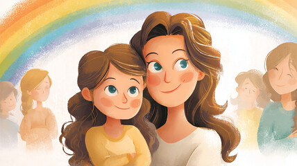 Loving Mother and Daughter Embrace Under a Rainbow &mdash; Happy Mother&rsquo;s Day and Family Love Concept