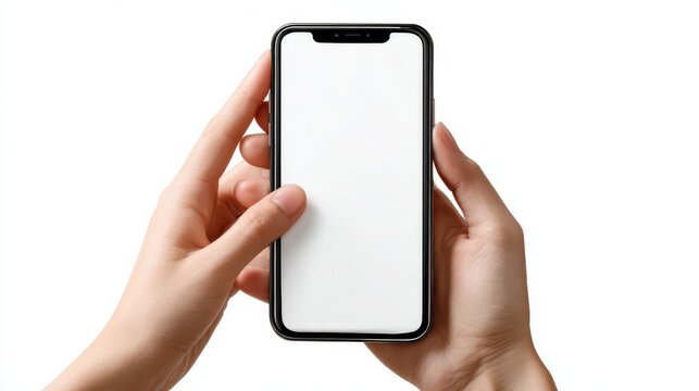 female hands holding modern cellphone close up of woman hands holding smart phone with blank screen empty smartphone white screen ready for your app to be placed isolated on white background  no logo
