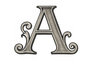 Ornate letter a, vintage engraving style typography with decorative flourishes and shading, transparent background