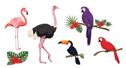 Naklejka premium A collection of vibrant tropical birds and a tall ostrich in a playful pixel art style.