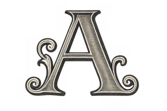 Ornate letter a, vintage engraving style typography with decorative flourishes and shading, transparent background - Powered by Adobe