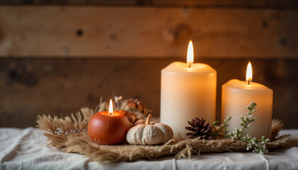 Cozy autumn arrangement with candles and pumpkins on rustic table