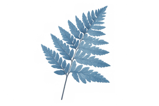 Blue foliage fern leaf with intricate texture, natural botanical element on transparent background