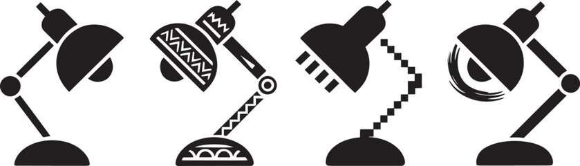 Set of four different desk lamp icons, showcasing a range of design aesthetics