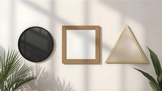 Three geometric mirrors, round, square, and triangle, hanging on a white wall with shadows.