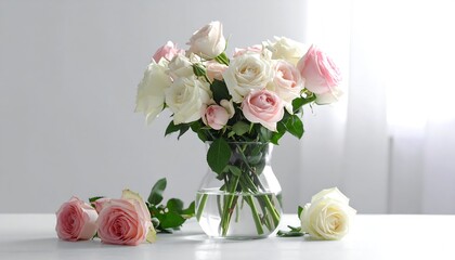 Delicate bouquet of roses in clear vase