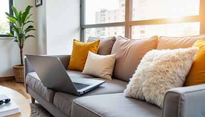 Cozy living room with laptop and decorative pillows on sofa  